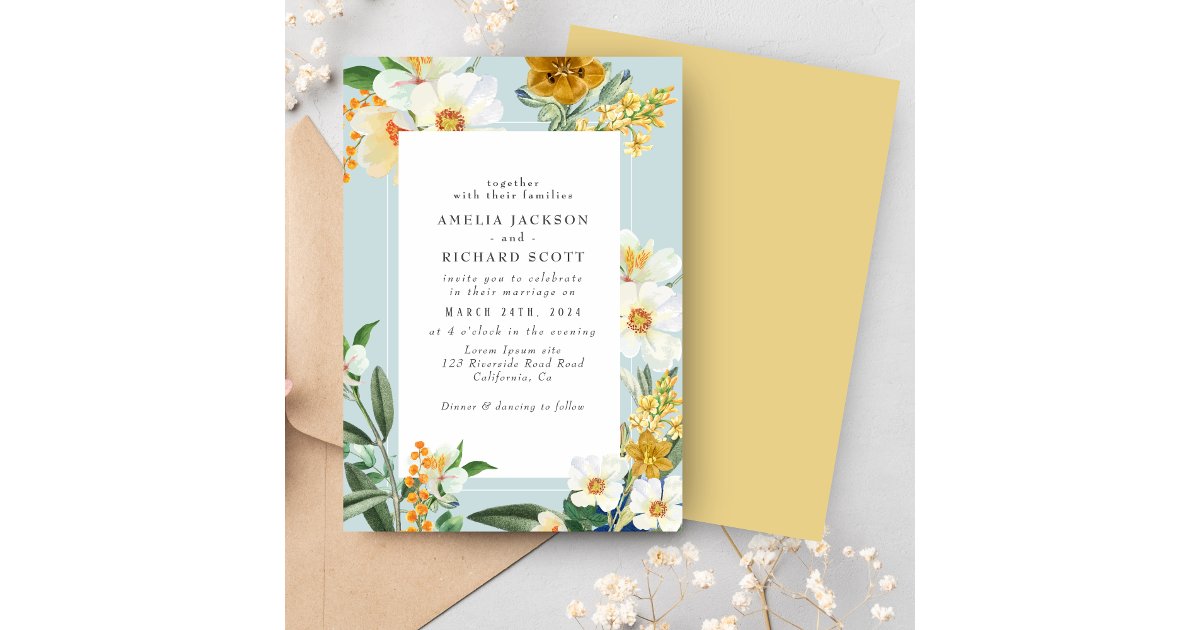Blue Spring Invitations Dusty Blue Spring Garden Wildflowers wedding Invitation | Zazzle
