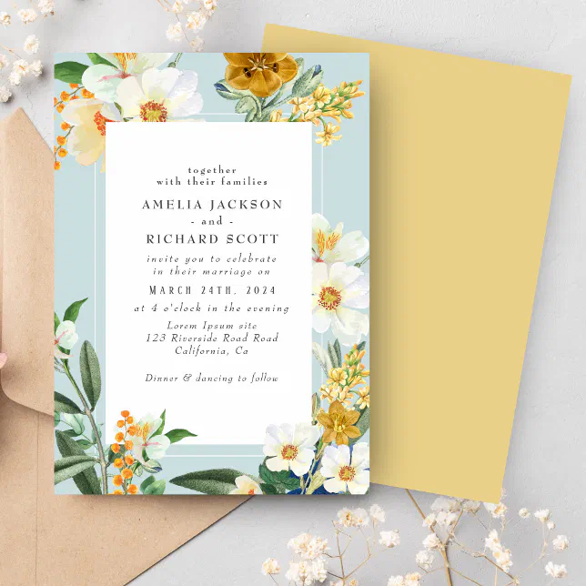 Blue Spring Invitations Dusty Blue Spring Garden Wildflowers wedding Invitation | Zazzle