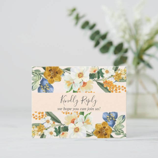 Dusty Blue Spring Garden Wildflowers Wedding Rsvp Invitation Postcard (Standing Front)