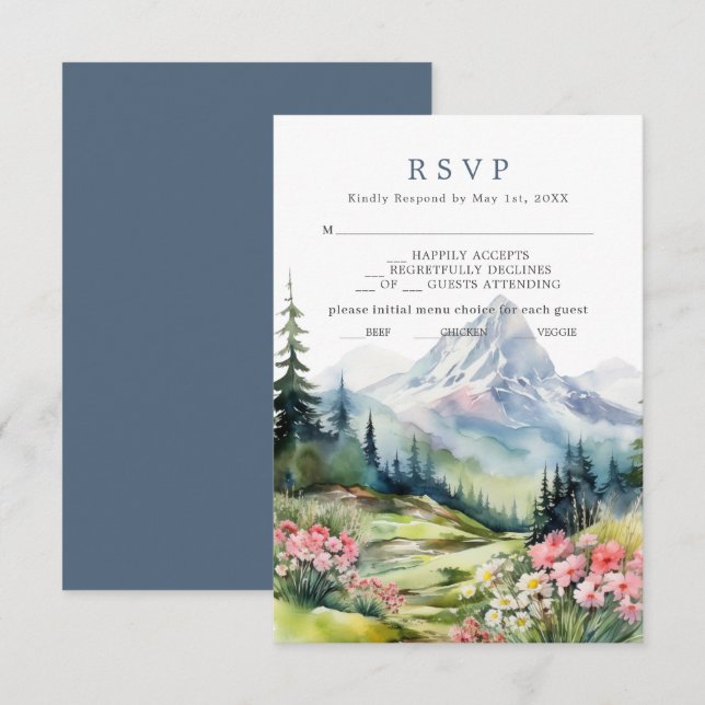 Dusty Blue Spring Mountains Wedding RSVP Card (Front/Back)