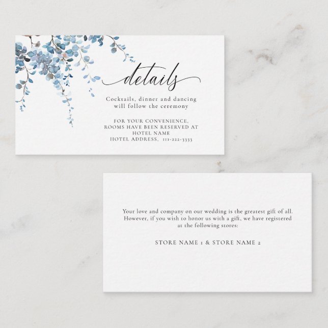 Dusty Blue Spring Wisteria Floral Wedding Details Enclosure Card (Front/Back)