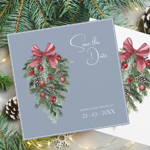 Dusty Blue Square Red Bow Wedding Save The Date