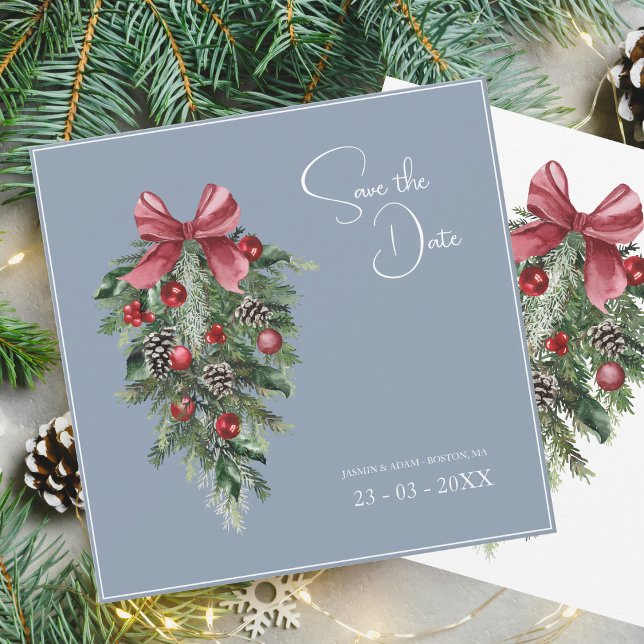 Dusty Blue Square Red Bow Wedding Save The Date (Creator Uploaded)