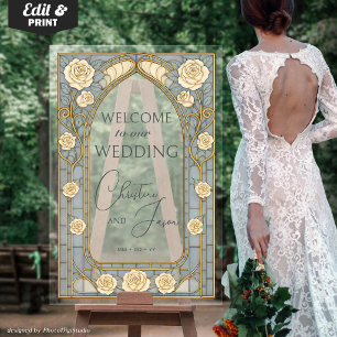 Dusty Blue Stained Glass Floral Wedding Welcome  Acrylic Sign