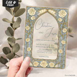 Dusty Blue Stained Glass Whimsical Floral Wedding Acrylic Invitations