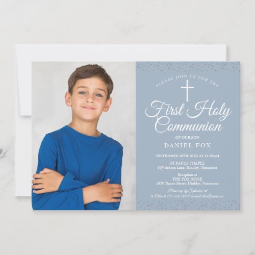Dusty Blue Stardust First Holy Communion Photo Invitation