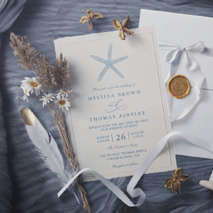 Dusty Blue Starfish Beach Elegant QR Code Wedding Invitation