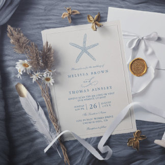 Dusty Blue Starfish Beach Elegant QR Code Wedding Invitation