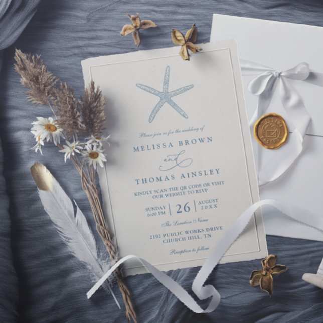 Dusty Blue Starfish Beach Elegant QR Code Wedding Invitation (Creator Uploaded)