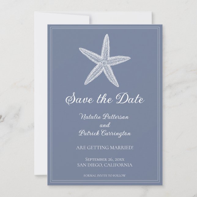 Dusty Blue Starfish Save the Date Invite (Front)
