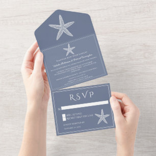 Dusty Blue Starfish Wedding All In One Invitation