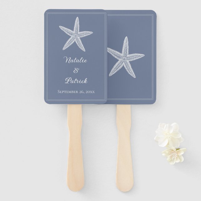Dusty Blue Starfish Wedding Hand Fans (Front and Back)