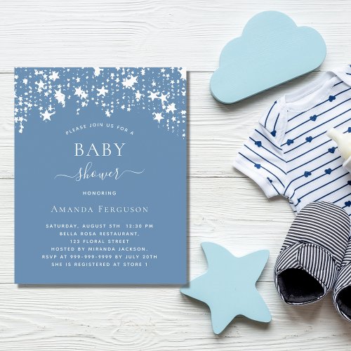 Dusty blue stars boy baby shower budget invitation