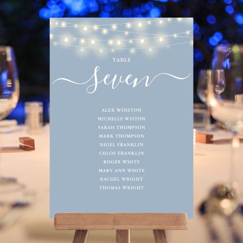 Dusty Blue String Light Table Number Seating Chart