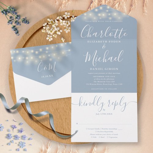 Dusty Blue String Lights Elegant Script Wedding All In One Invitation