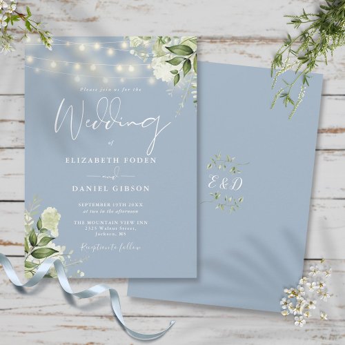 Dusty Blue String Lights Floral Monogram Wedding Invitation