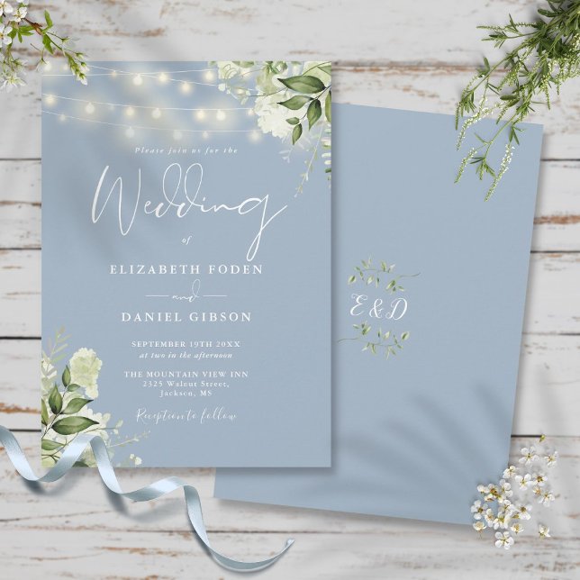 Dusty Blue String Lights Floral Monogram Wedding Invitation (Dusty Blue String Lights Floral Monogram Wedding Invitation)