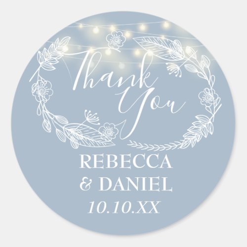 Dusty Blue String Lights Floral Thank You Classic Round Sticker