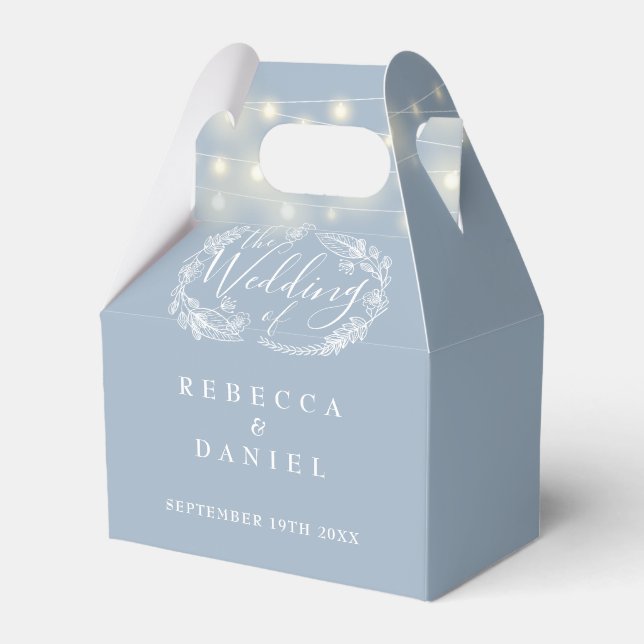Dusty Blue String Lights Floral Wedding Favor Boxes (Front Side)