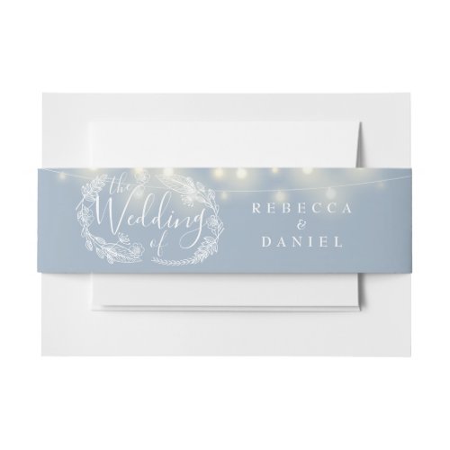 Dusty Blue String Lights Floral Wedding Invitation Belly Band