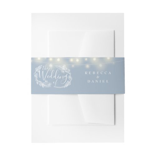Dusty Blue String Lights Floral Wedding Invitation Belly Band