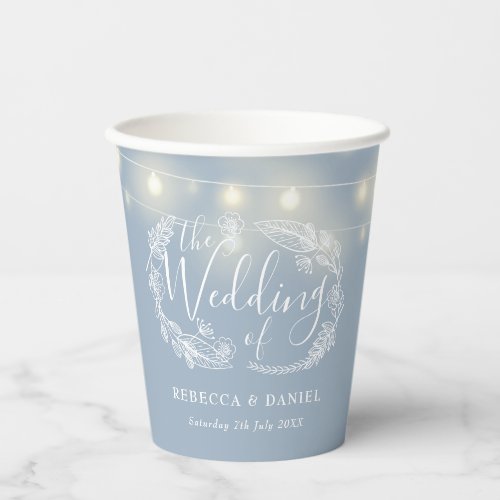Dusty Blue String Lights Floral Wedding Paper Cups