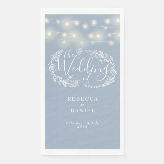 Dusty Blue String Lights Floral Wedding Paper Guest Towels (Front)