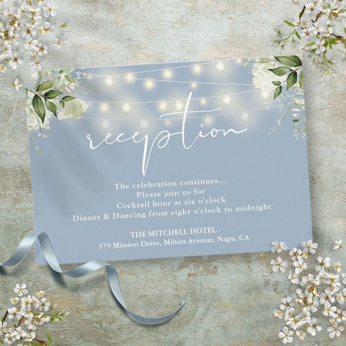 Dusty Blue String Lights Floral Wedding Reception Enclosure Card