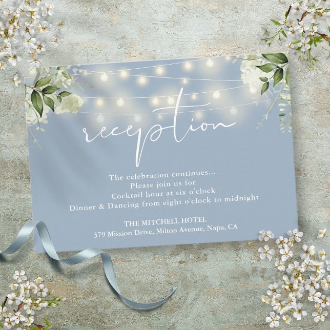 Dusty Blue String Lights Floral Wedding Reception Enclosure Card (Dusty Blue String Lights Floral Wedding Reception Enclosure Card)