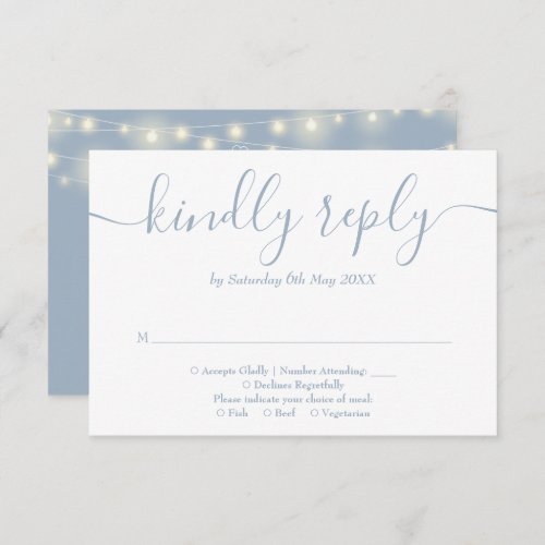 Dusty Blue String Lights Floral Wedding RSVP Card