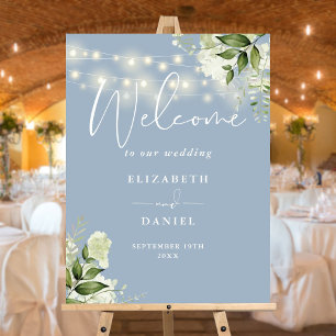 Dusty Blue String Lights Floral Wedding Welcome Foam Board