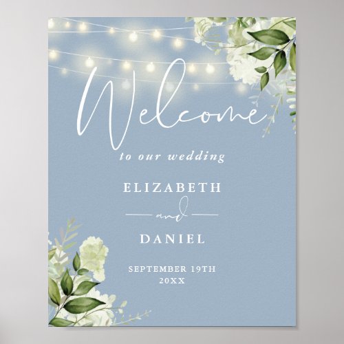 Dusty Blue String Lights Floral Wedding Welcome Poster