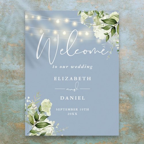 Dusty Blue String Lights Floral Wedding Welcome Poster