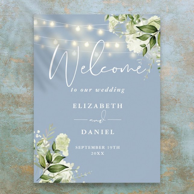 Dusty Blue String Lights Floral Wedding Welcome Poster (Dusty Blue String Lights Floral Wedding Welcome Poster)