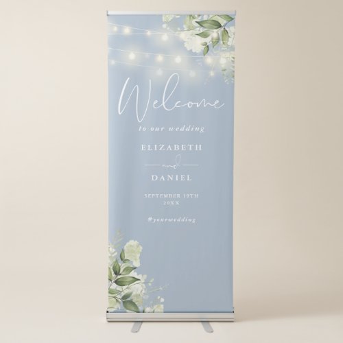 Dusty Blue String Lights Floral Wedding Welcome Retractable Banner