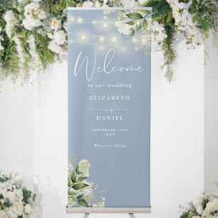 Dusty Blue String Lights Floral Wedding Welcome Retractable Banner