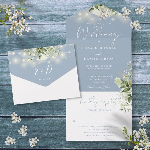 Dusty Blue String Lights Greenery Monogram Wedding All In One Invitation