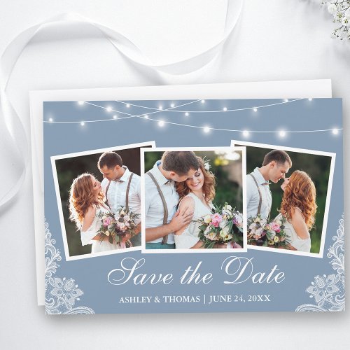 Dusty Blue String Lights Lace 3 Photo Save The Date