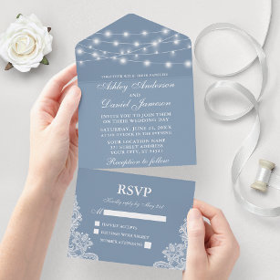 Dusty Blue String Lights Lace Wedding All In One Invitation