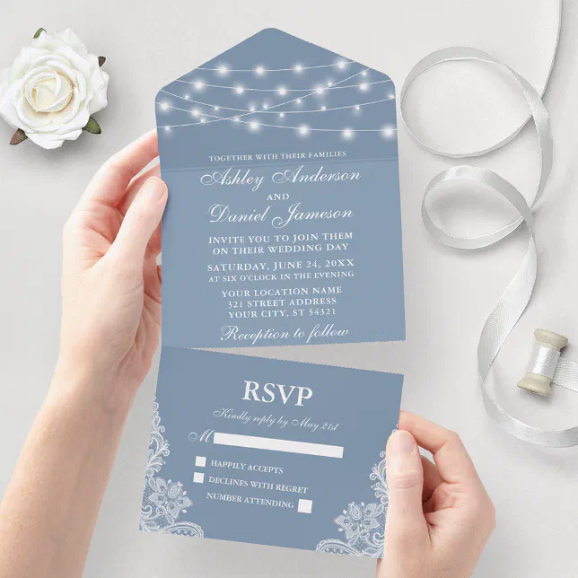 Dusty Blue String Lights Lace Wedding All In One Invitation | Zazzle