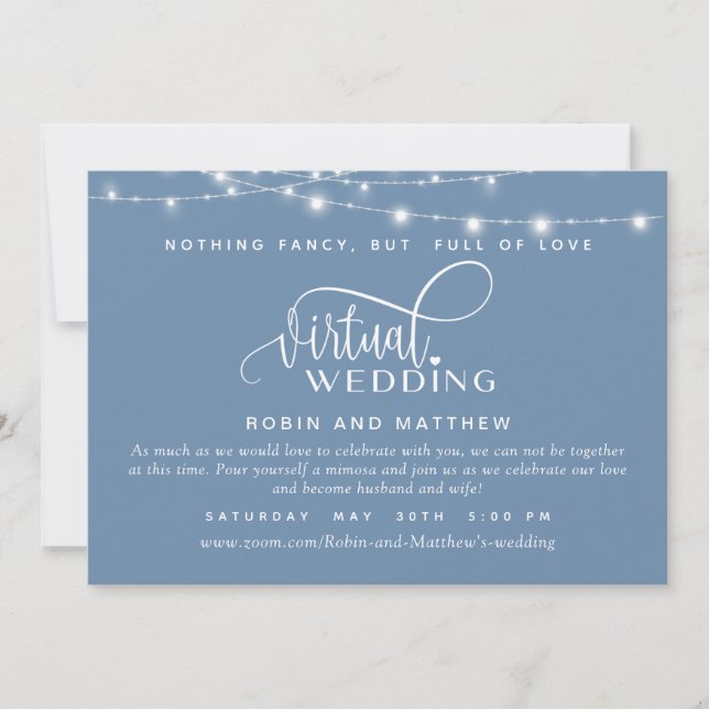 Dusty Blue, String Lights, Online Virtual Wedding Invitation (Front)