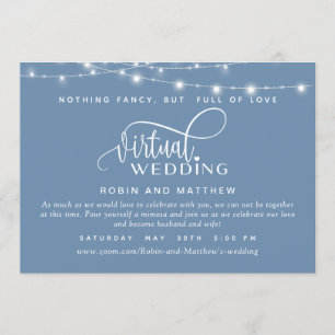 Dusty Blue, String Lights, Online Virtual Wedding Invitation