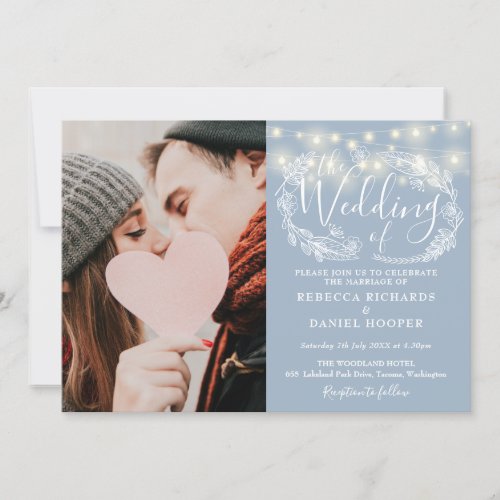 Dusty Blue String Lights Photo All In One Wedding Invitation