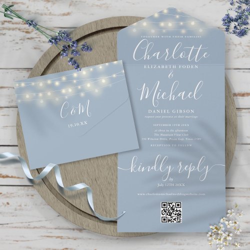 Dusty Blue String Lights QR Code Monogram Wedding  All In One Invitation