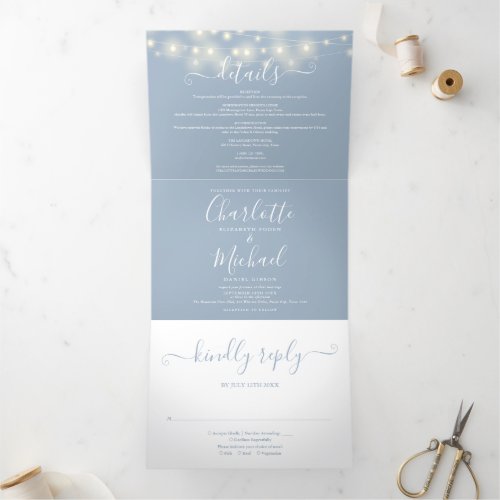 Dusty Blue String Lights Script Monogram Wedding Tri_Fold Invitation