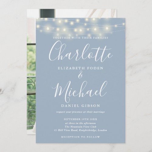 Dusty Blue String Lights Script Photo Wedding  Invitation