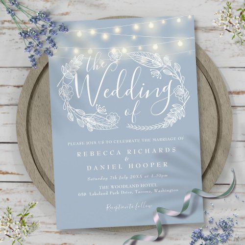 Dusty Blue String Lights Script Wedding Invitation