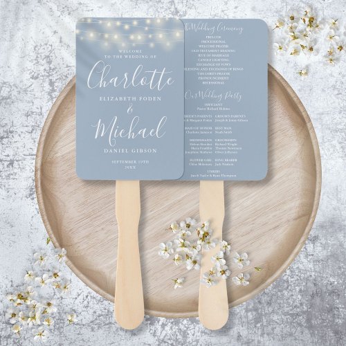 Dusty Blue String Lights Script Wedding Program Hand Fan