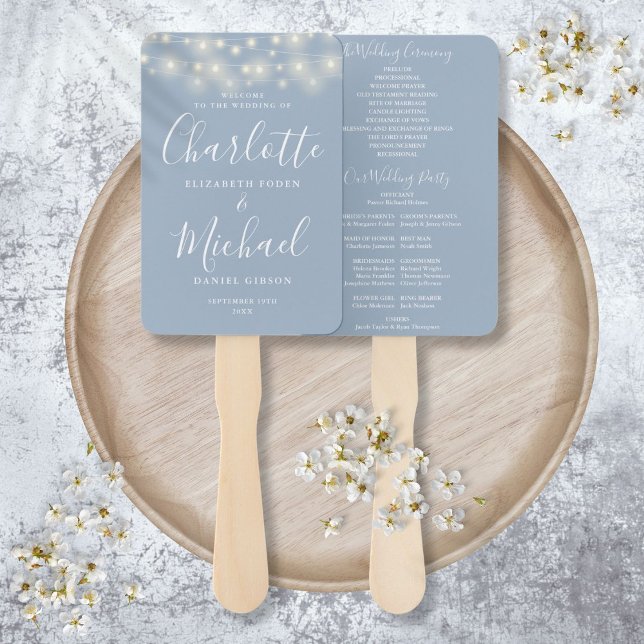Dusty Blue String Lights Script Wedding Program Hand Fan (Dusty Blue String Lights Script Wedding Program Hand Fan)