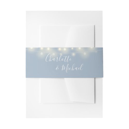 Dusty Blue String Lights Signature Script Invitation Belly Band